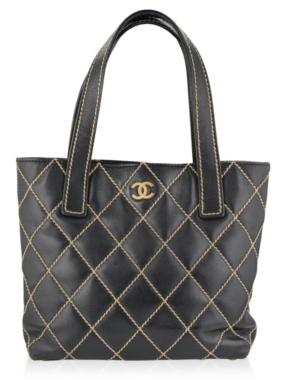 Authentic Women CHANEL Wild Stitch Surpique Tote Handbag, Black color Leather